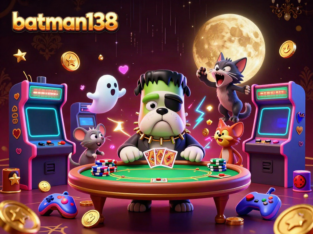 Experience batman138 with a unique casino scene featuring a Frankenstein bulldog, ghost mouse, and werewolf kitten.