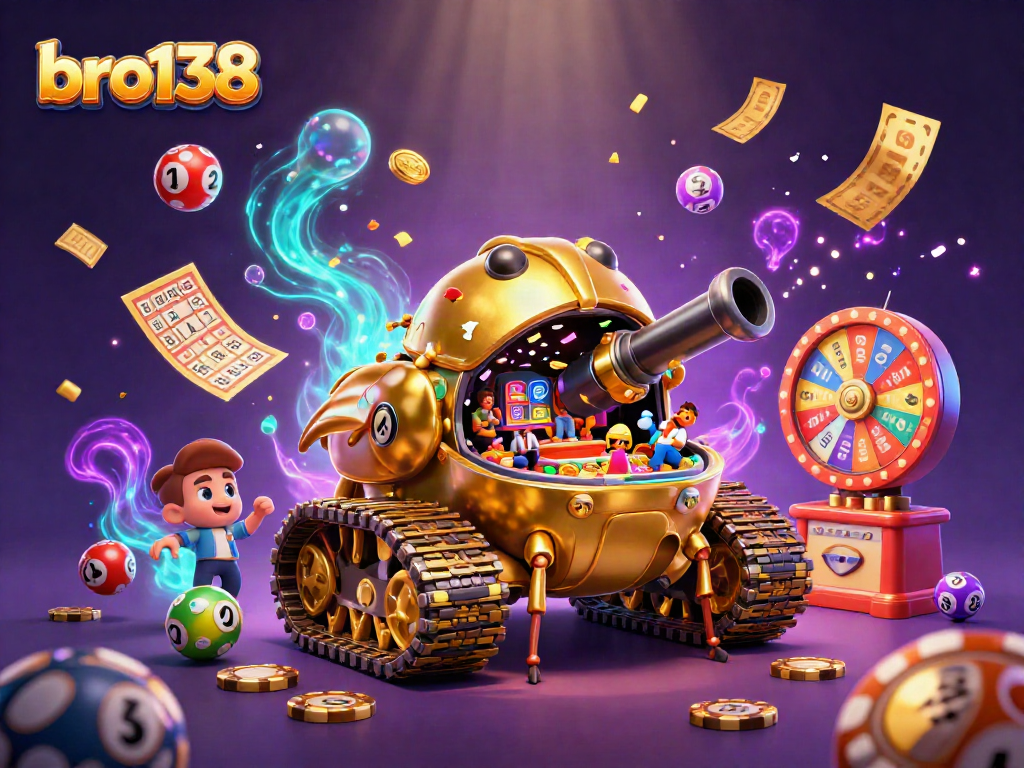 Win big at bro138 with a vibrant scene of a casino beetle tank and lottery elements bursting with excitement.