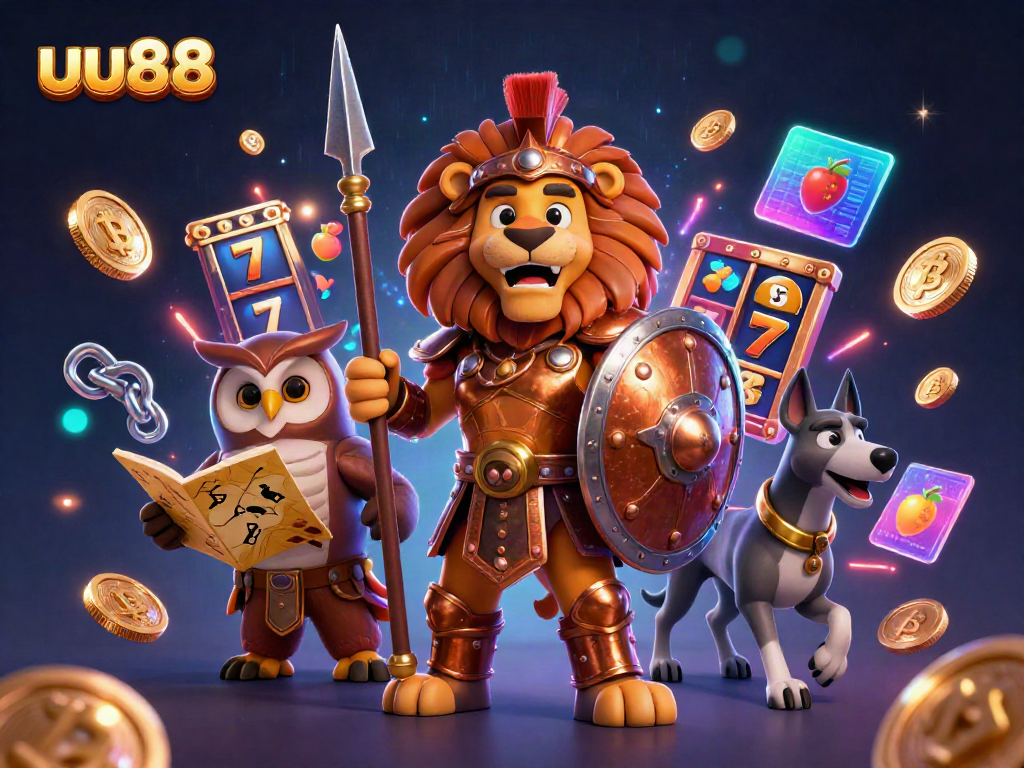 uu88 showcases thrilling slots with a Spartan lion in armor, owl strategist, and greyhound messenger.