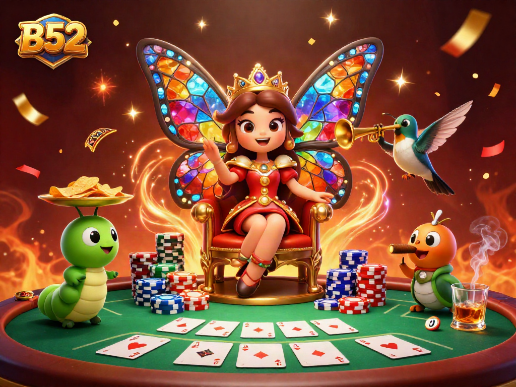 Engage in B52 gaming excitement with vibrant characters, poker elements, and celebratory ambience.