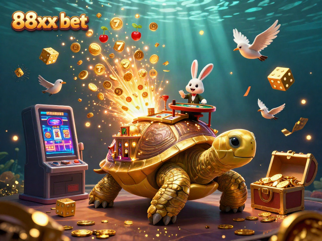 Engage in exciting gameplay with 88xx bet at a vibrant casino illustration featuring a golden tortoise with a casino palace.
