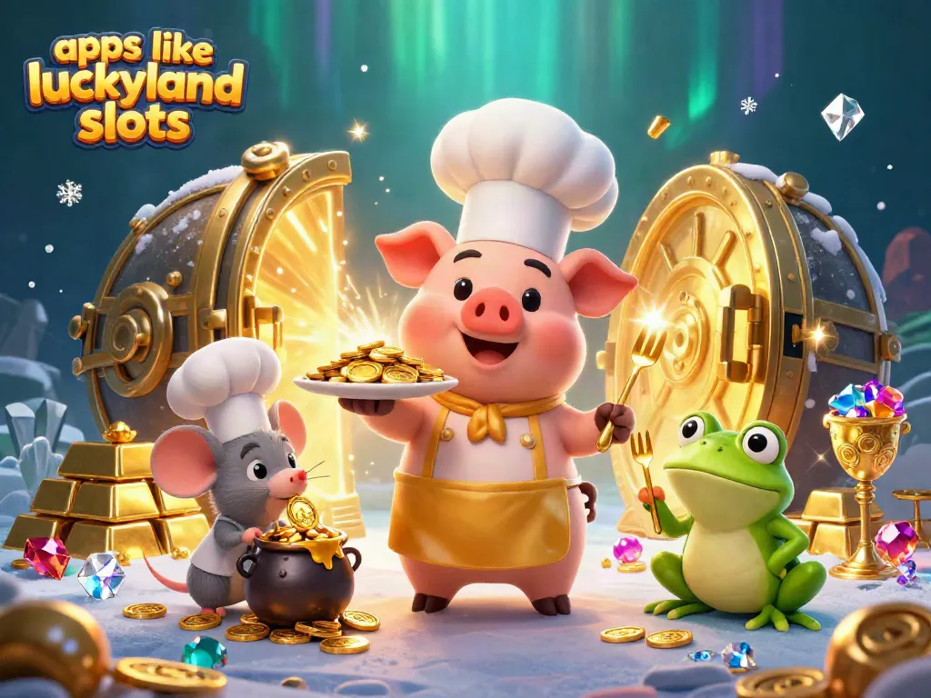 Enjoy thrilling experiences with apps like LuckyLand Slots featuring 3D cartoon characters enjoying gold coins.
