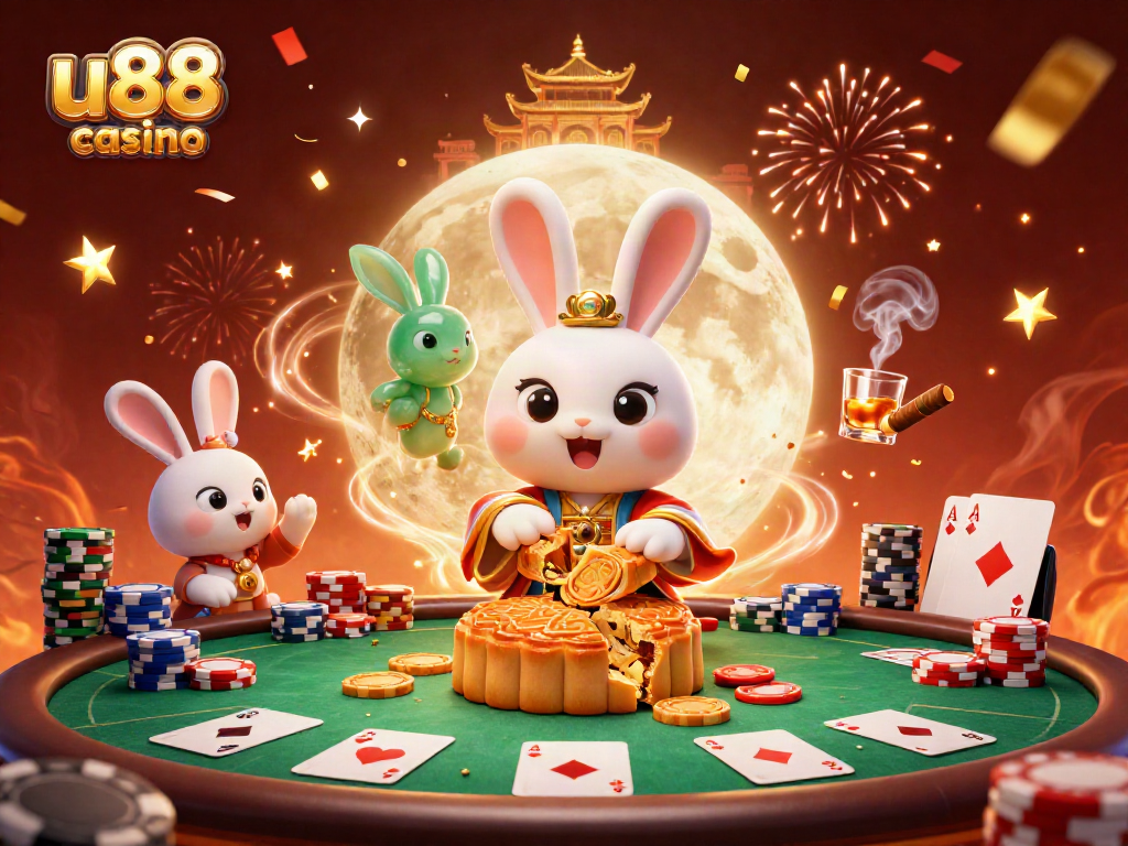 Experience the excitement of u88 casino with a vibrant 3D illustration featuring traditional elements and poker action.