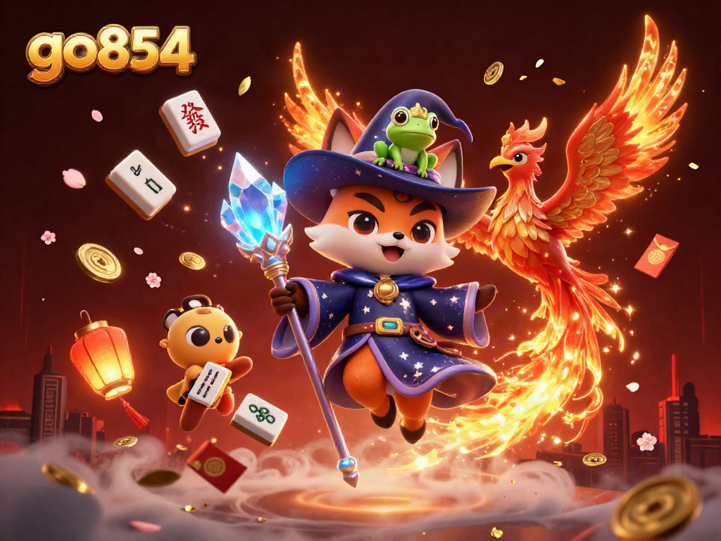 Experience the magic of go854 with a vibrant 3D illustration of a wizard fox and phoenix in a casino-themed scene.