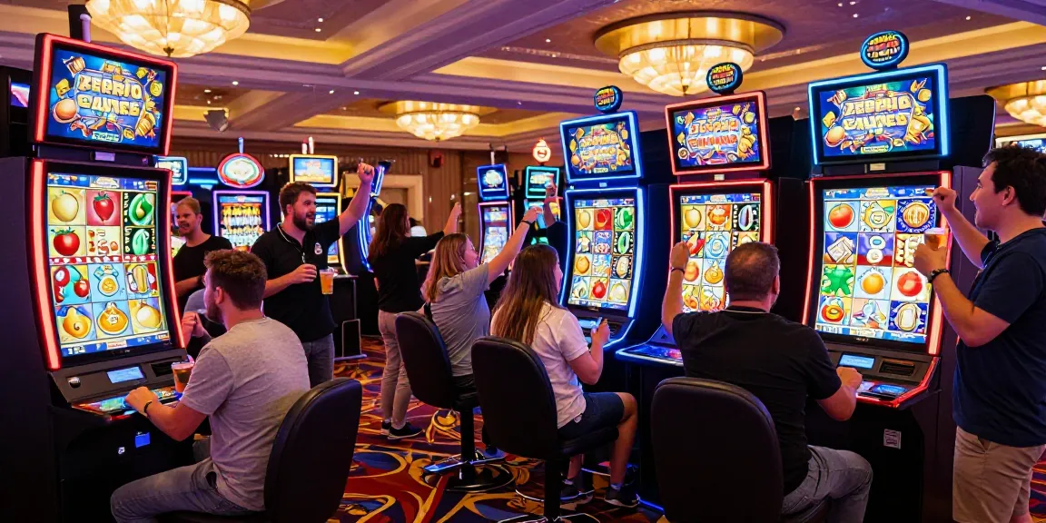 Engaged players enjoying the excitement of สล็อต machines on a lively casino floor.