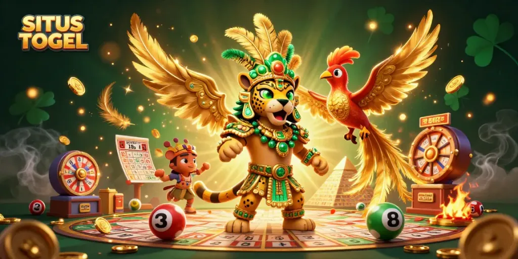 Gambarkan pengalaman menang di SITUS TOGEL dengan karakter jaguar dan burung quetzal yang sedang merayakan kemenangan.