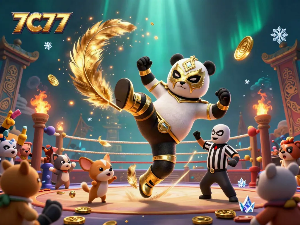 Experience thrilling action in 7C77's vibrant animated wrestling scene with a panda and chihuahua.