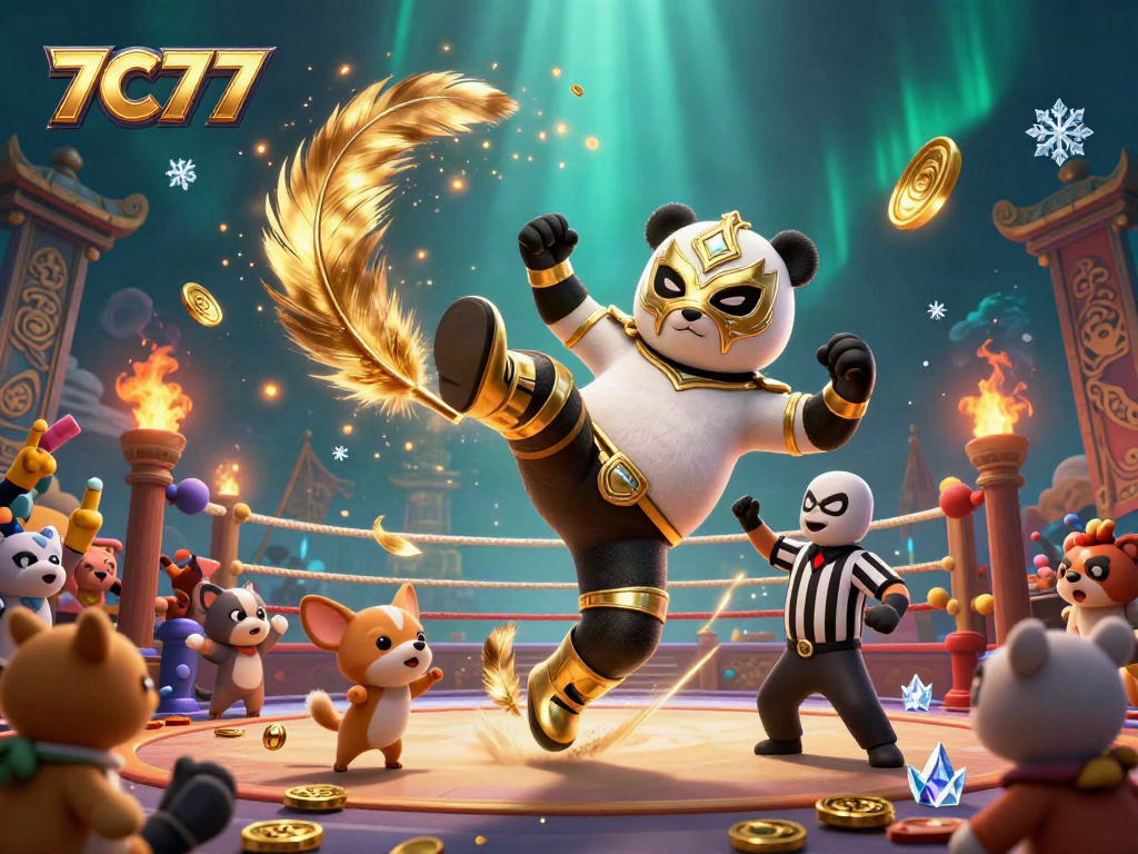 Experience thrilling action in 7C77's vibrant animated wrestling scene with a panda and chihuahua.