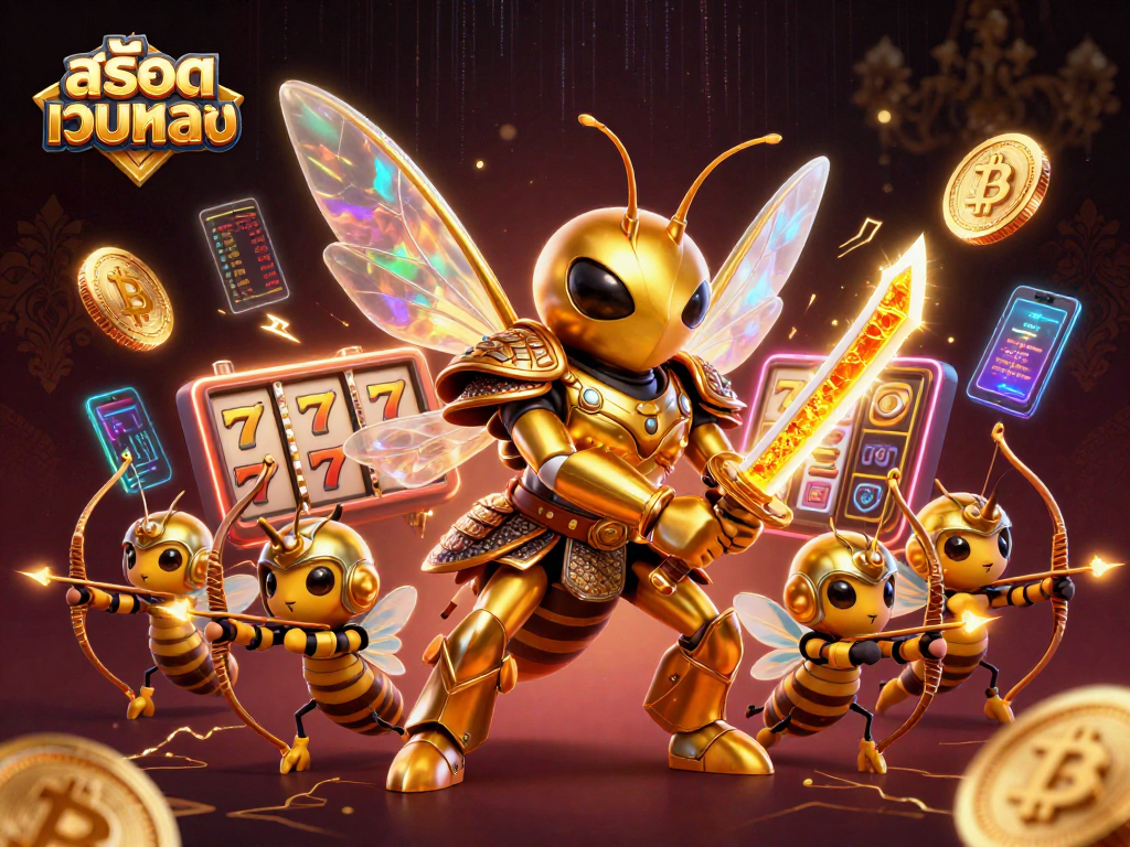 Engage with สล็อตเว็บตรง as a 3D golden hornet in samurai armor navigates slot reels amidst crypto coins.