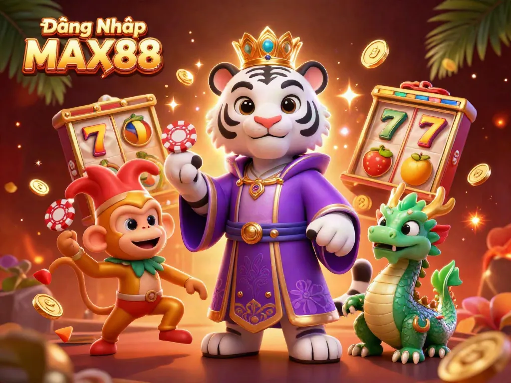Experience the thrill of Đăng Nhập MAX88 with a vibrant casino scene featuring a white tiger and playful monkey.