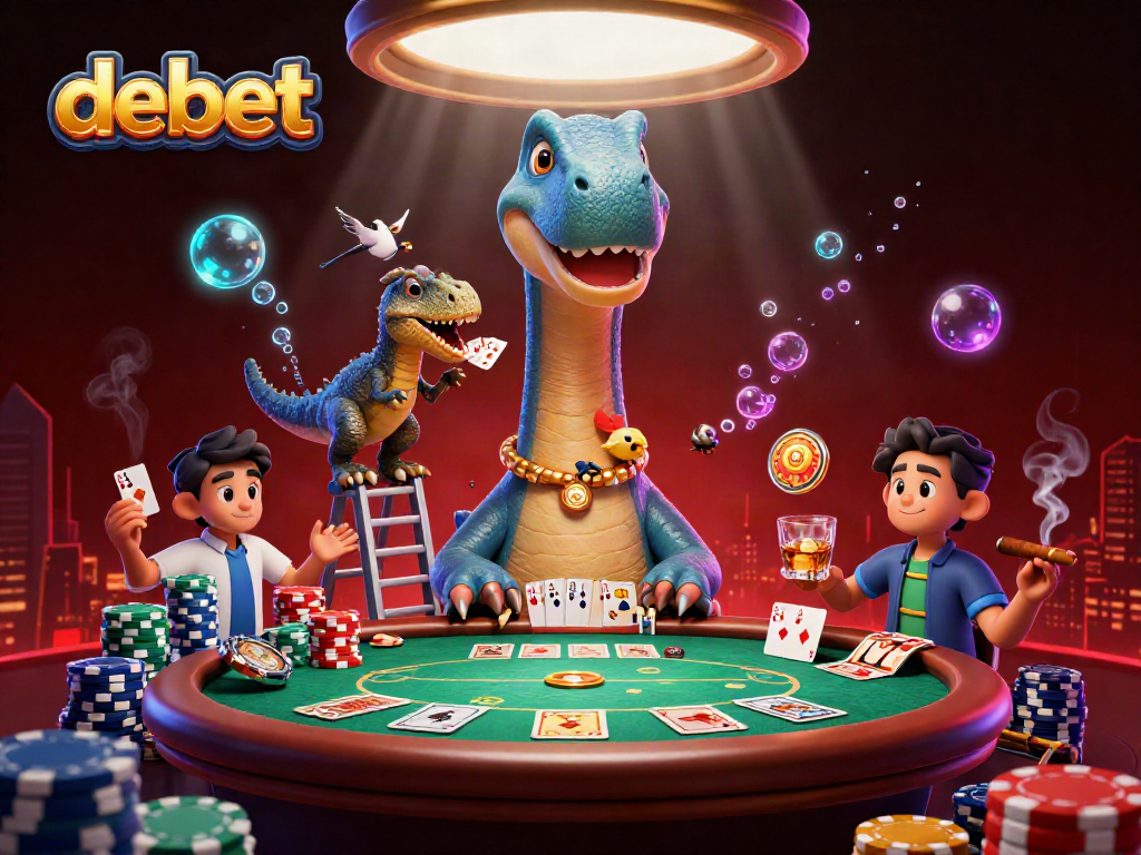 Experience debet gaming dynamism with a whimsical casino scene featuring a towering brontosaurus and clever raptor.