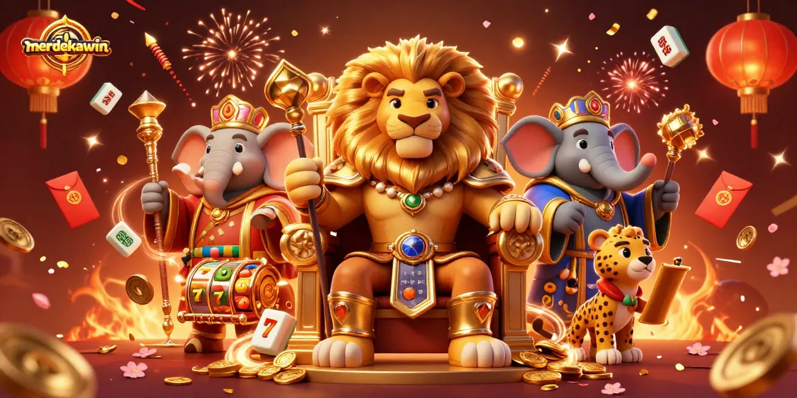 Gambarkan momen kemenangan merdekawin dengan singa raja dan elemen kasino yang kaya dalam ilustrasi 3D.