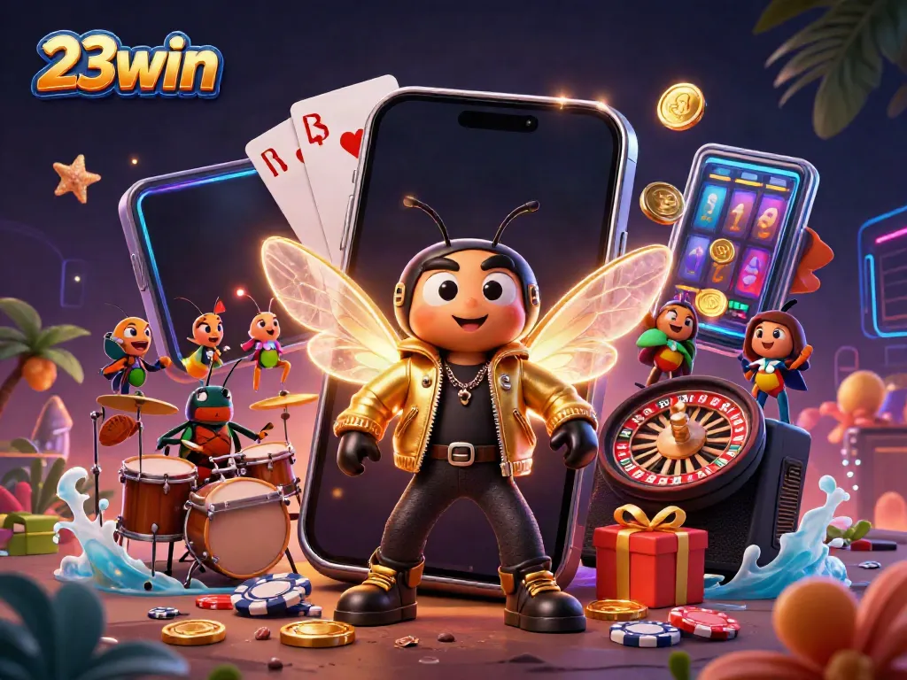 Experience the excitement of 23win with a vibrant 3D casino-themed illustration featuring a rock star cicada.