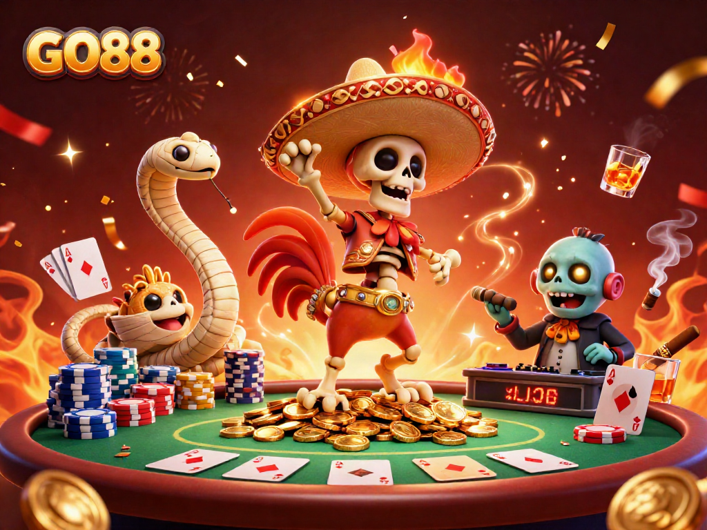 Experience vibrant gameplay with GO88 as a 3D cartoon mariachi rooster celebrates on golden coins.