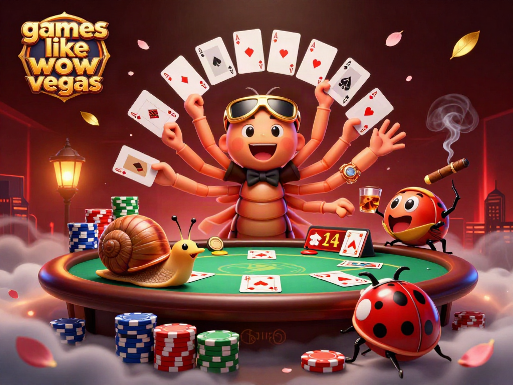 Experience exciting games like wow vegas with a colorful casino scene featuring a vibrant dealer and playful characters.