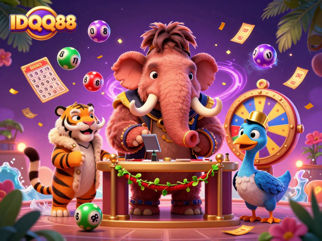 IDQQ88 brings excitement with a woolly mammoth bouncer and VIP characters in a vibrant casino scene.