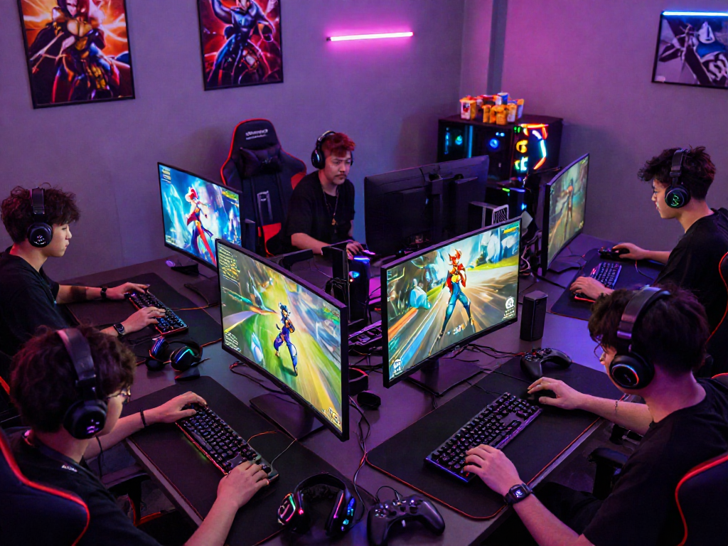 Players enjoying competitive gameplay on QQMacan platform with vibrant setups and gaming accessories.