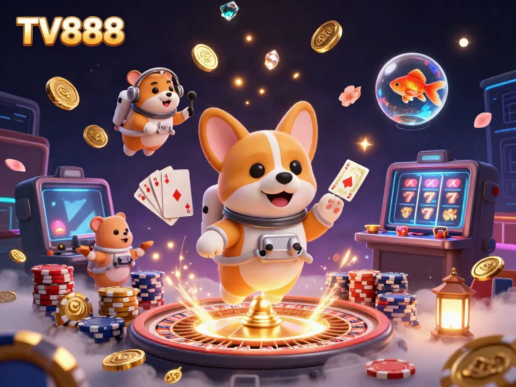 Experience thrilling gaming at TV888 with an astronaut corgi and creative casino elements in outer space.
