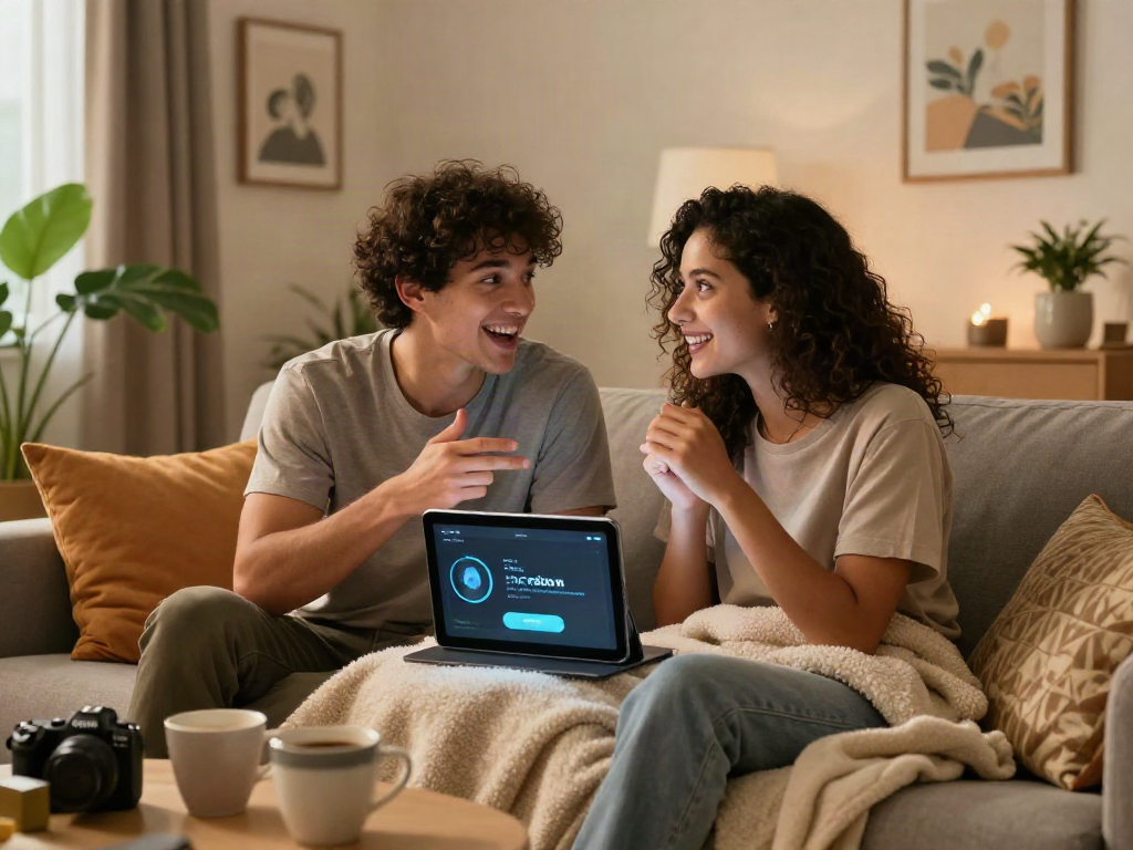 Couple enjoying a sex AI chat on a tablet in a cozy living room.