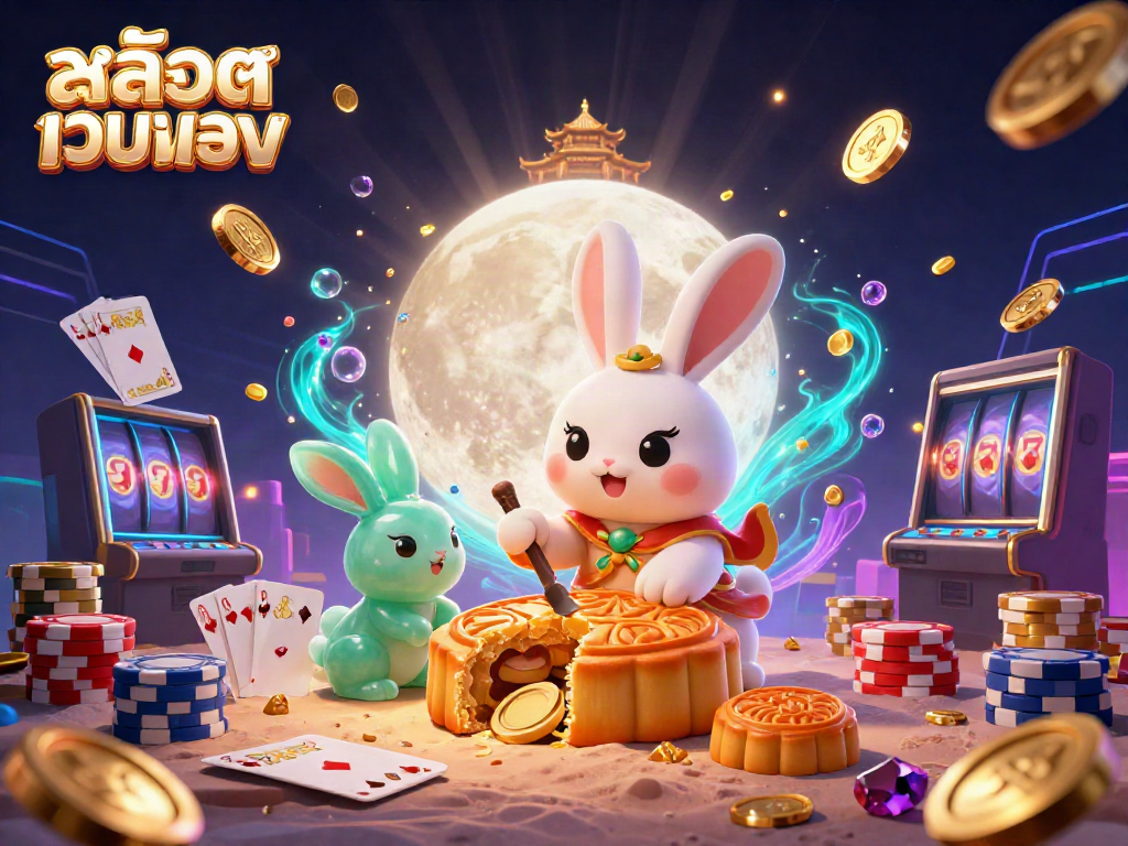 สนุกกับสล็อตเว็บตรงในภาพประกอบ 3D พร้อมกระต่ายบนดวงจันทร์และชิปโป๊กเกอร์