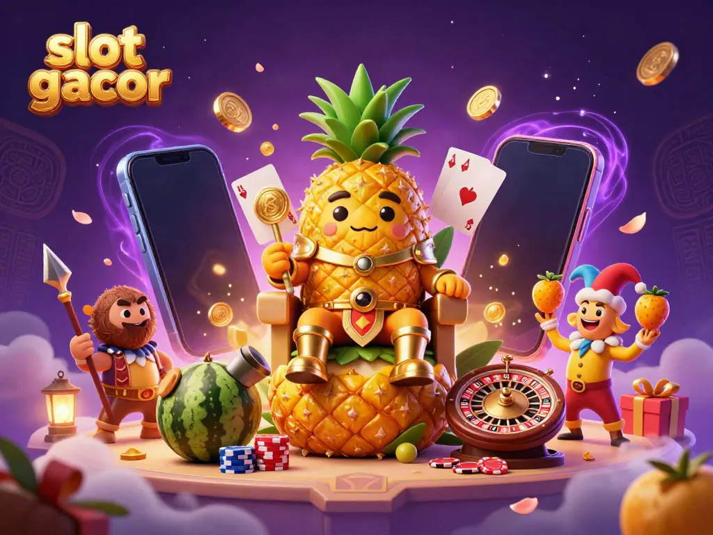 Experience the excitement of slot gacor with a vibrant casino scene featuring a golden pineapple king, lively characters, and colorful gaming elements.