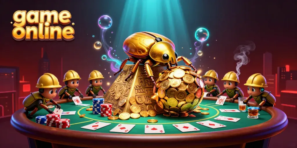 Engaging scene of game online with golden beetles, coins, and poker elements.