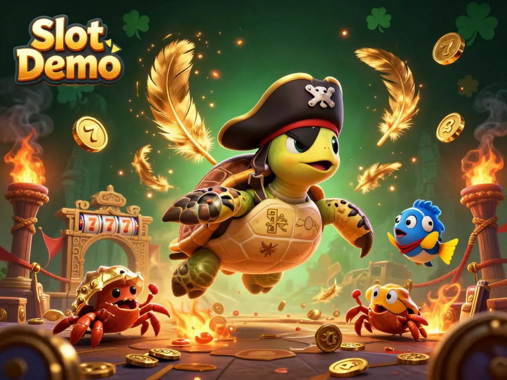 Spin and win in the Slot Demo, featuring a pirate turtle navigating treasures and slot reels.