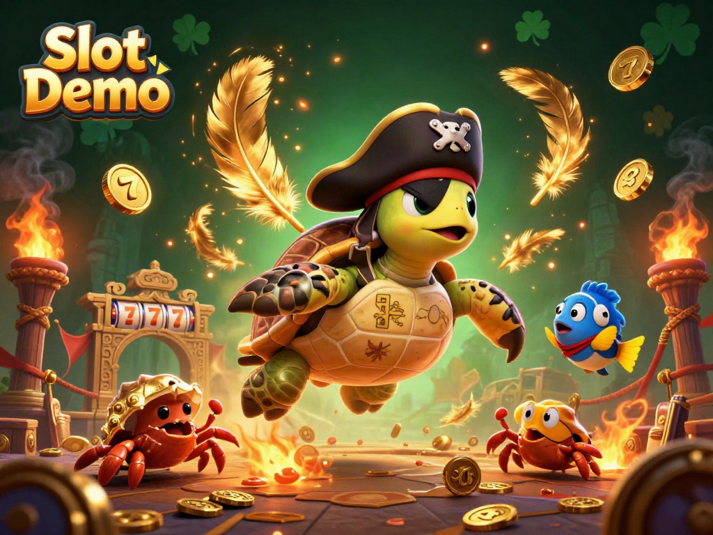 Spin and win in the Slot Demo, featuring a pirate turtle navigating treasures and slot reels.