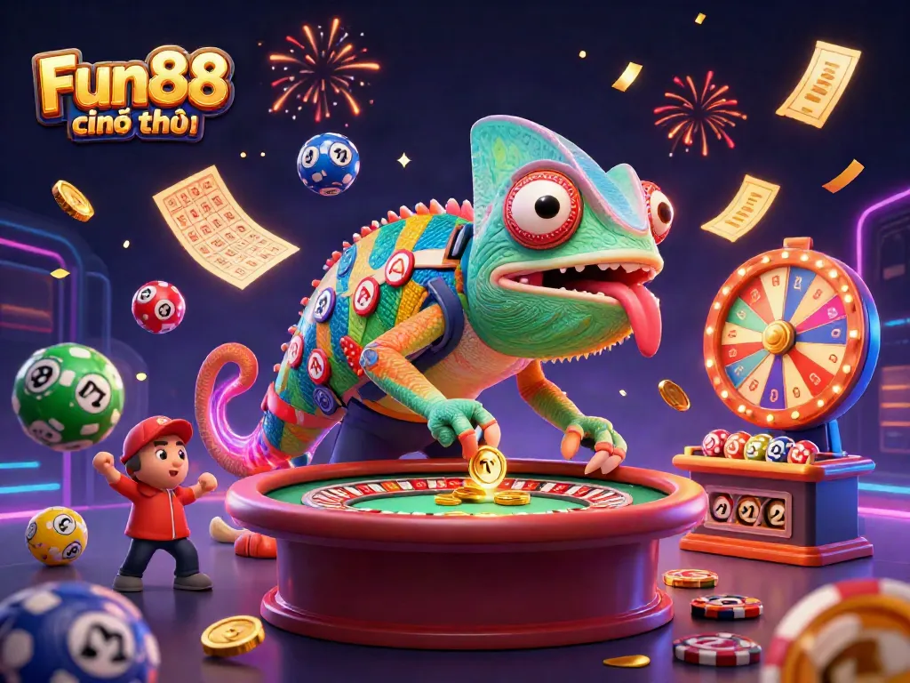 Experience the excitement of Fun88 chính thức with vibrant lottery balls and a dynamic casino scene.
