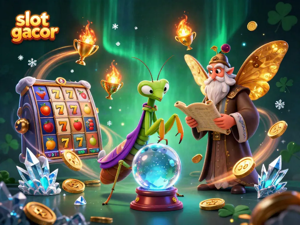 Engage with slot gacor magic in a mystical scene featuring fortune teller and librarian.