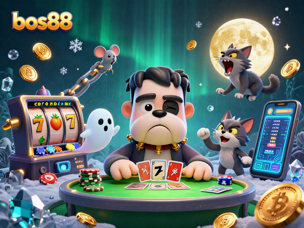 Menghadirkan bos88, anjing Frankenstein yang mendistribusikan kartu di meja kasino bertema menyeramkan dengan simbol slot yang berkilauan.