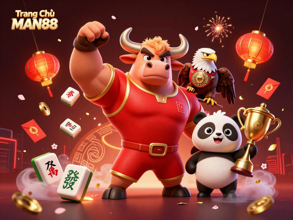 Experience the vibrant energy of Trang Chủ MAN88 with a victorious bull mascot and festive symbols of luck and prosperity.