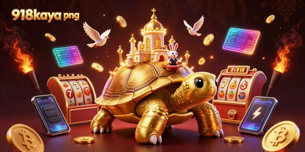 Spin the reels at 918kaya png surrounded by vibrant golden coins and a dynamic casino scene.