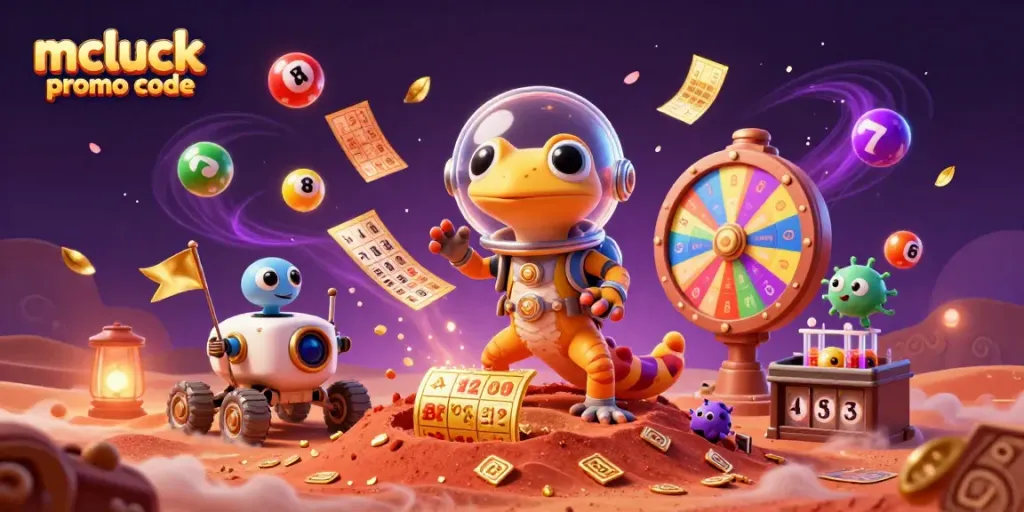 Experience winning excitement with the mcluck promo code and vibrant gambling-themed illustration.