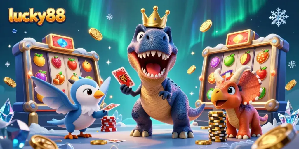 Experience the lively casino world of lucky88 with a T-Rex shuffling cards, assisted by a pterodactyl, and a triceratops stacking chips.