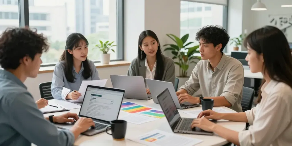 Job seekers collaborating on หางาน strategies in a bright modern office.